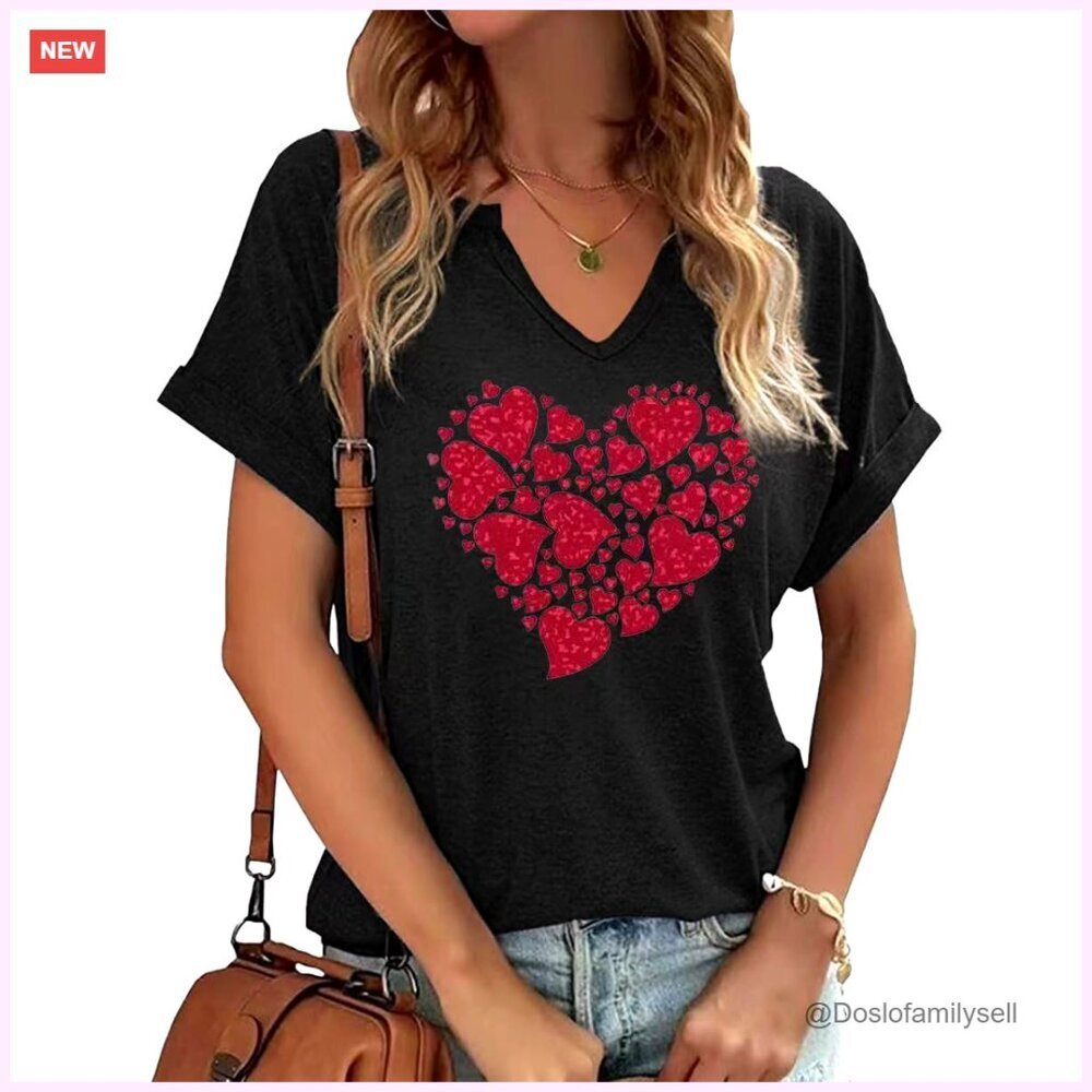 V-Neck Graphic Tee Short Sleeve Casual Tops Soft Stretchy Valentine Couple